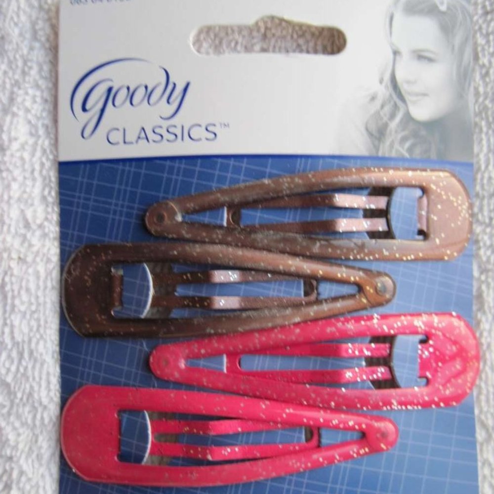 4 Goody Classics Glittery Epoxy Covered Metal Hair Snap Clips Magenta Pink Brown